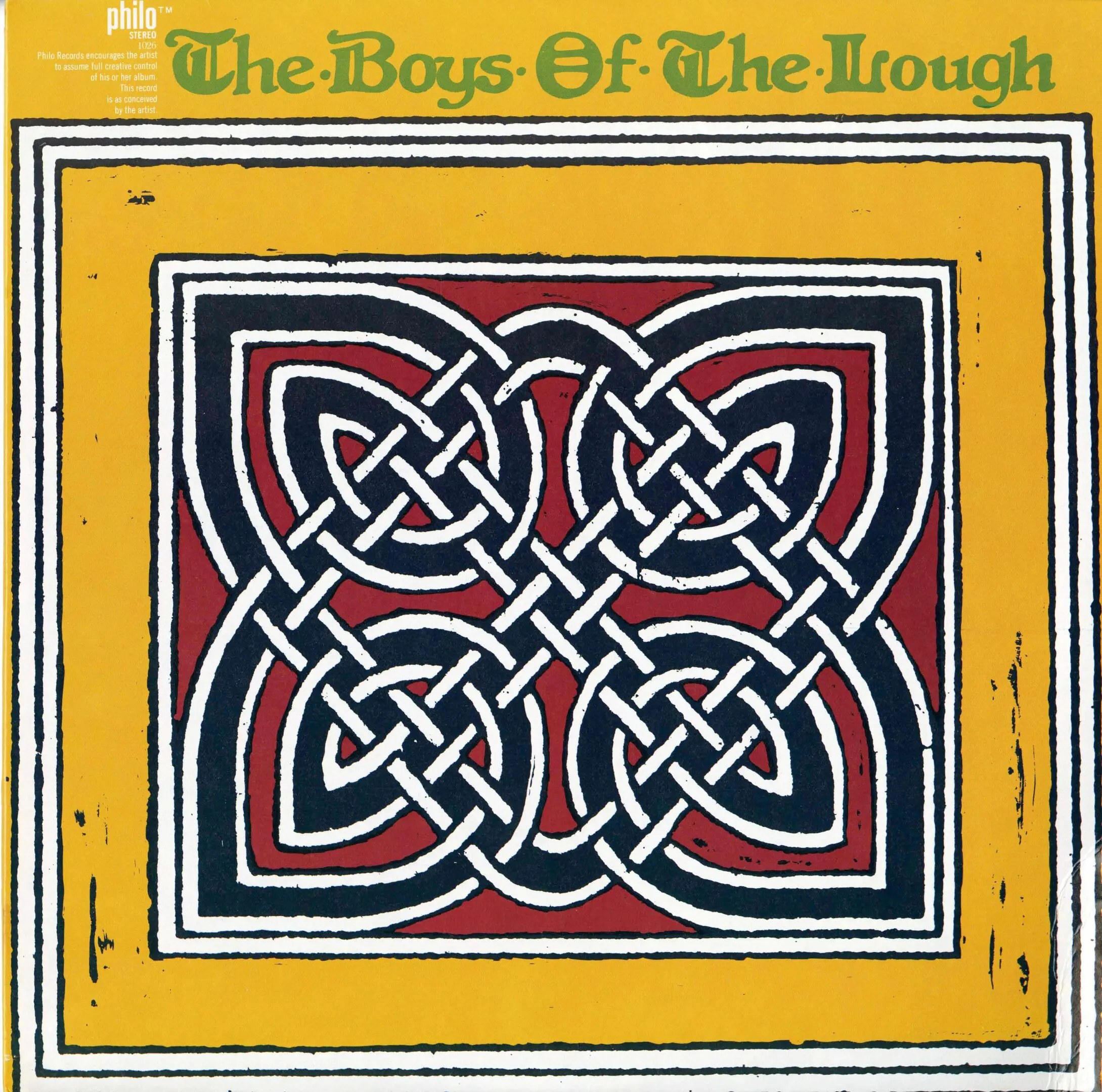 Celtic knot design with yellow border.