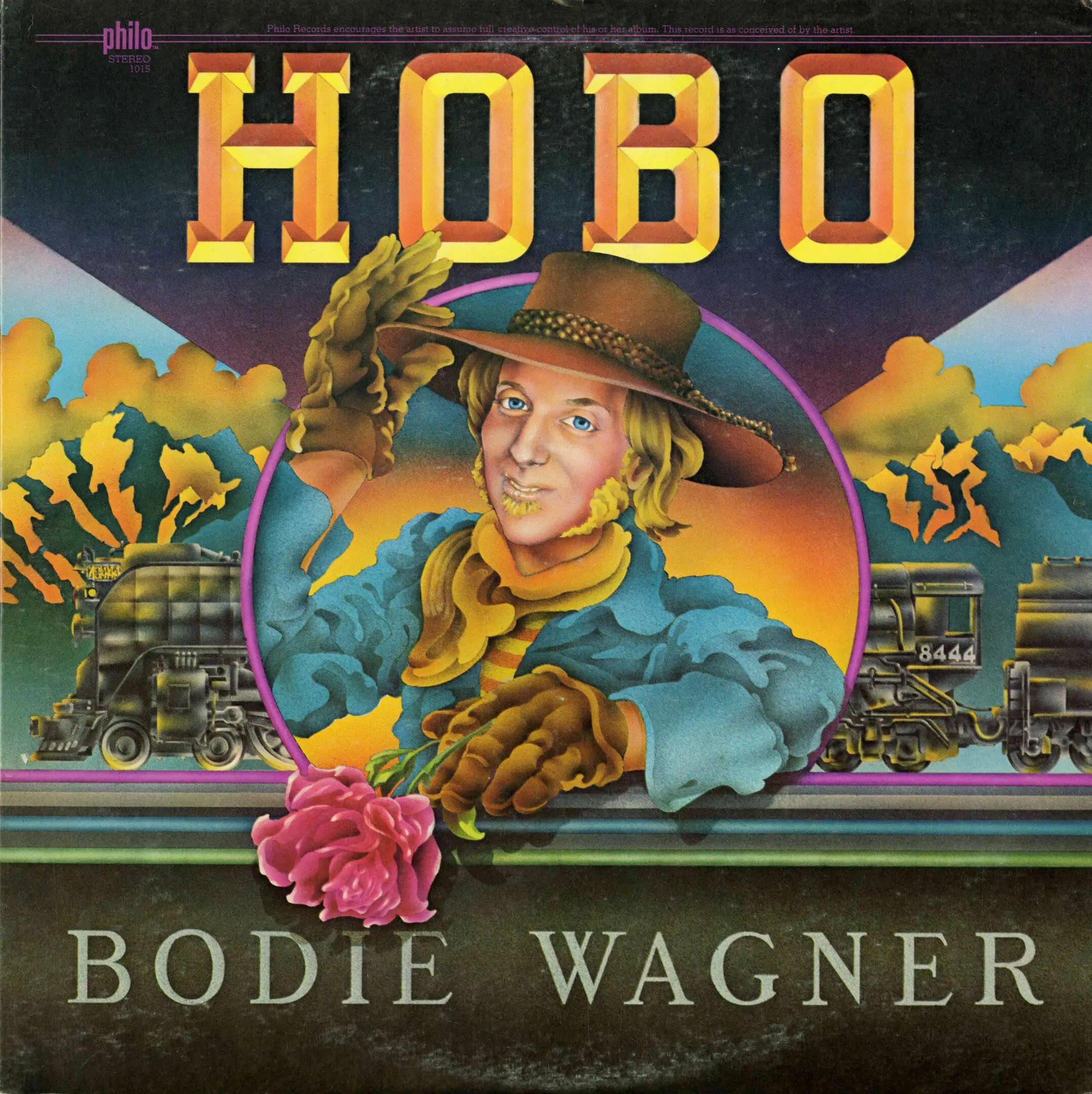 Colorful album cover with trains and flowers.