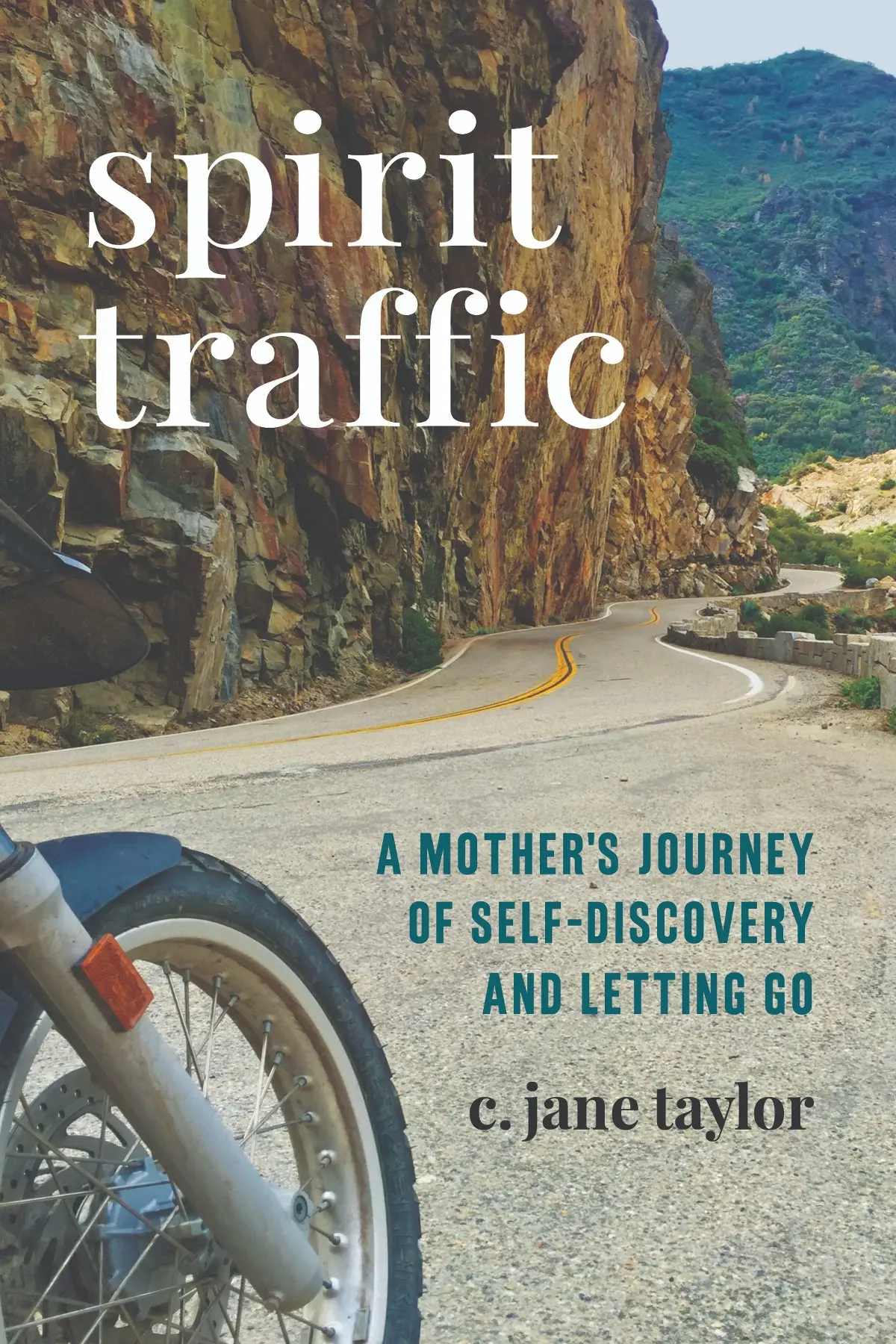 Motorcycle on winding mountain road, book cover.