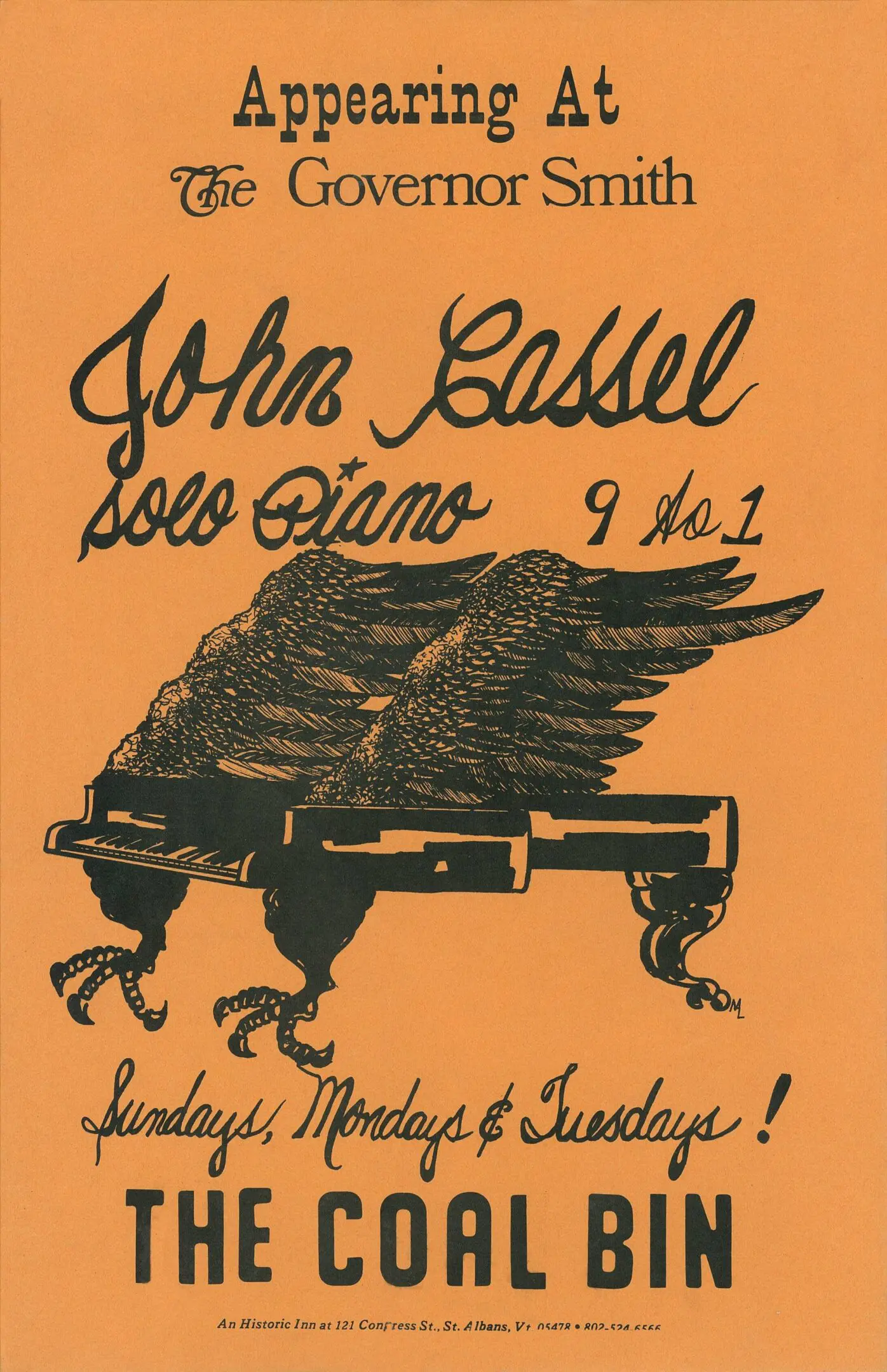 Vintage piano performance poster with winged piano.