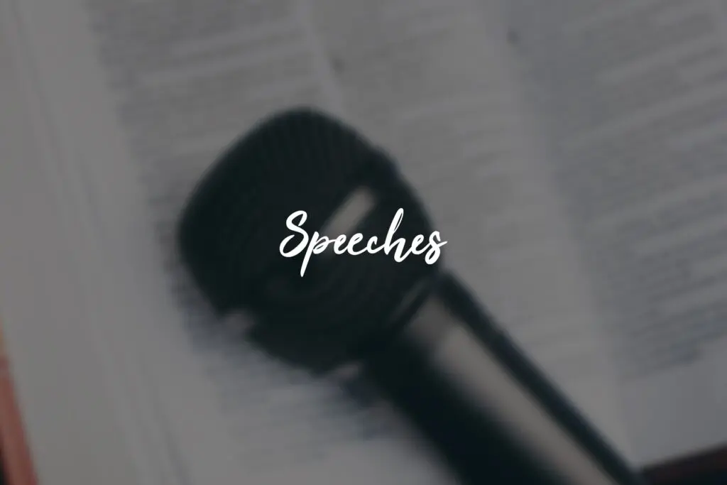 Microphone on book with "Speeches" text overlay.