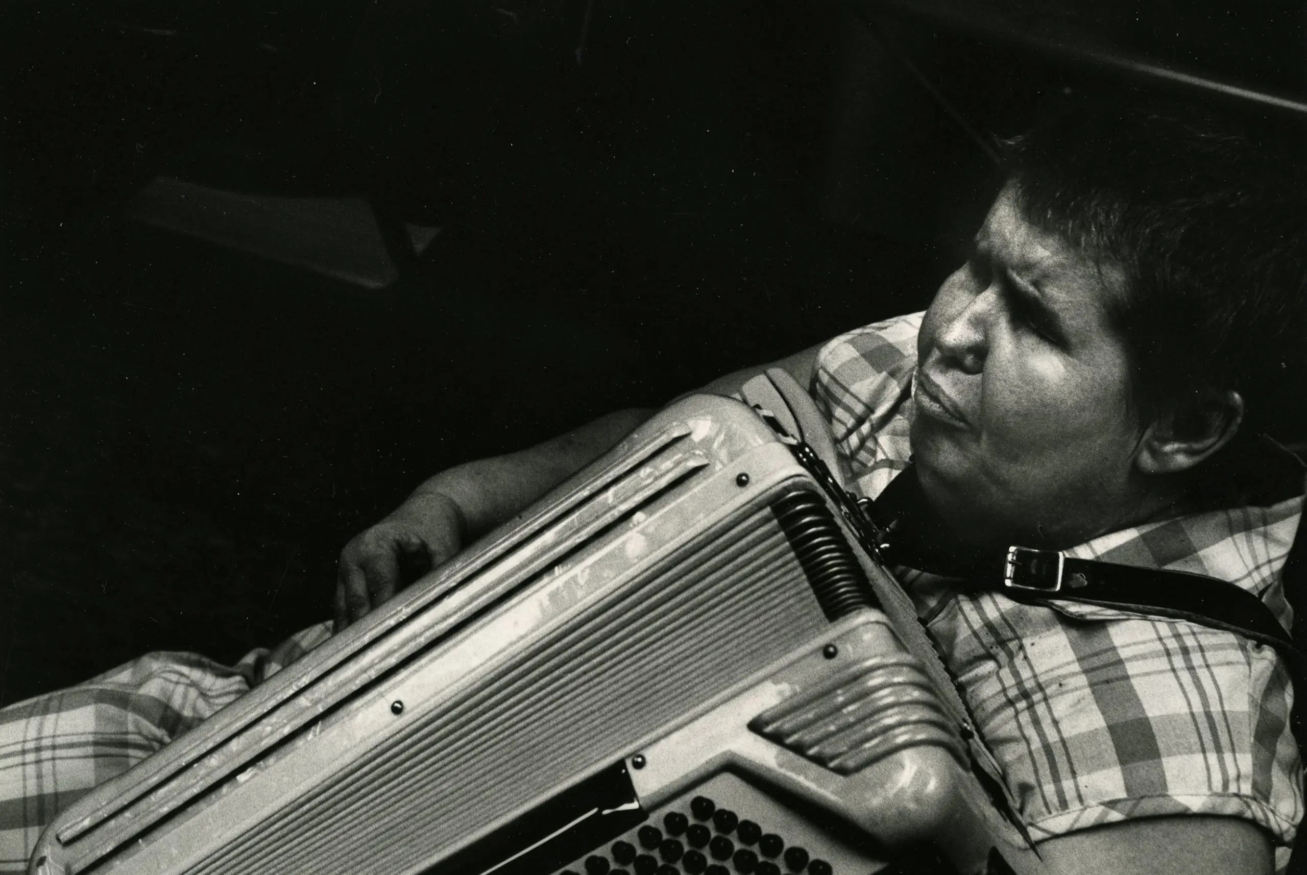 Person playing accordion, wearing plaid shirt.
