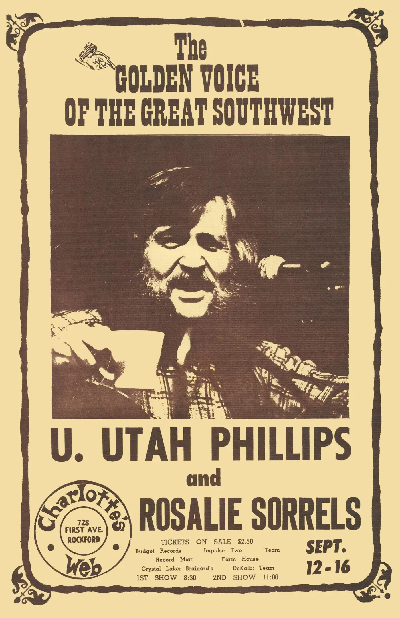 Vintage concert poster featuring U. Utah Phillips.