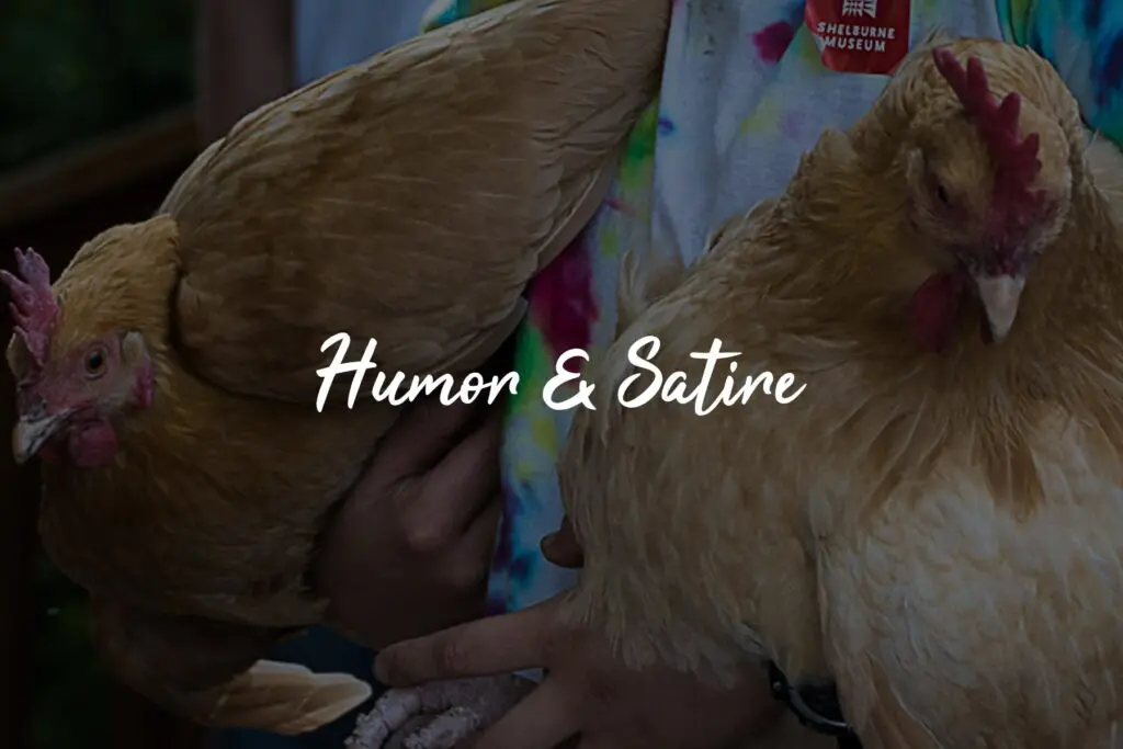 Person holding two chickens, humor text overlay.