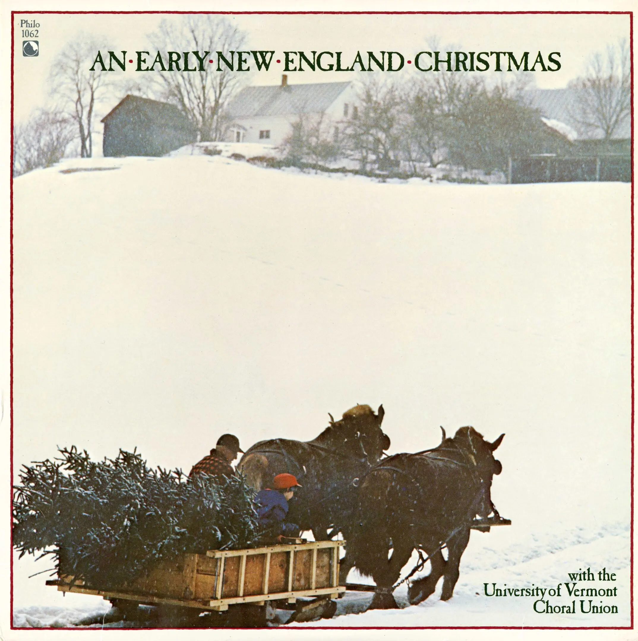 Horse-drawn sleigh with Christmas trees.