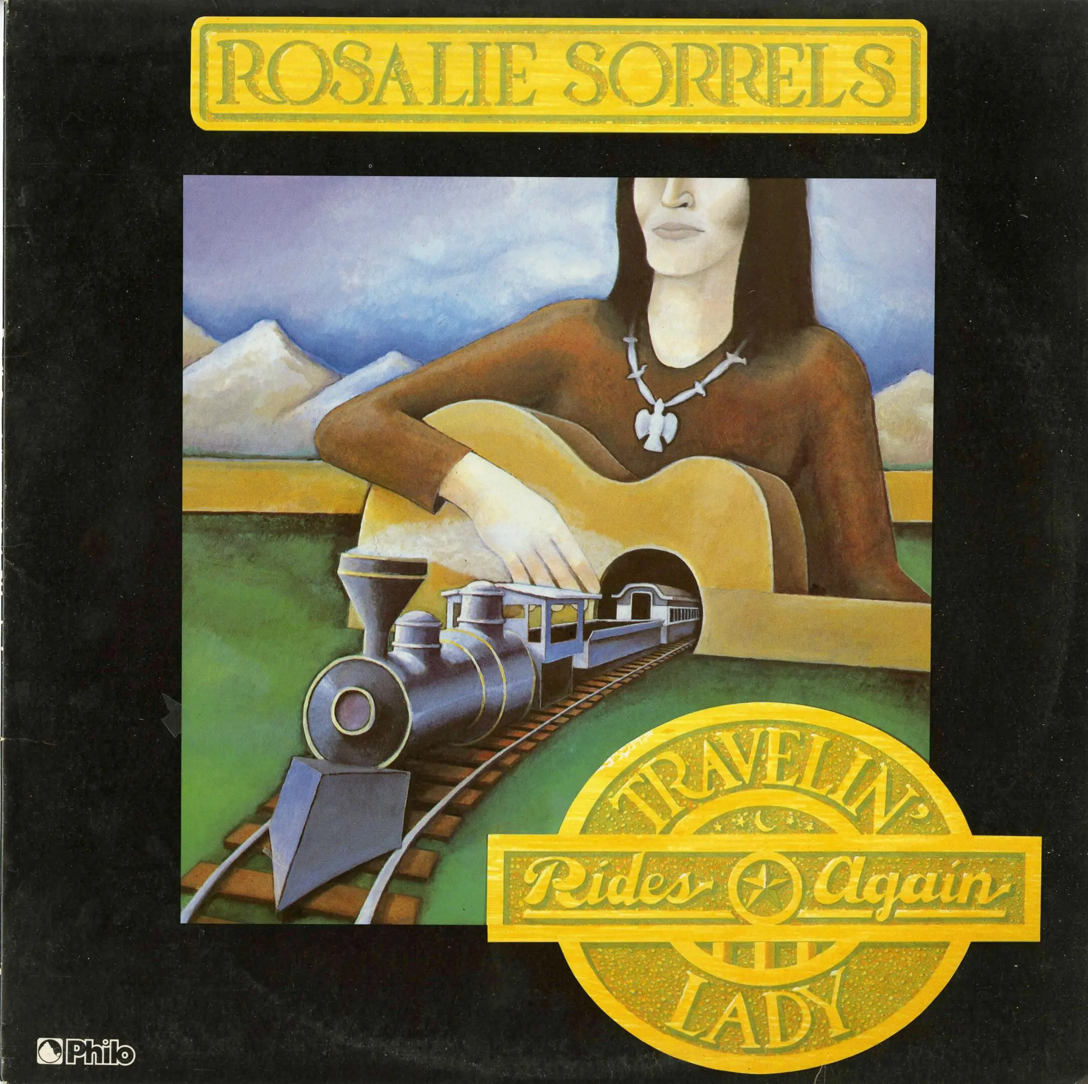 Album cover with guitar and train illustration.