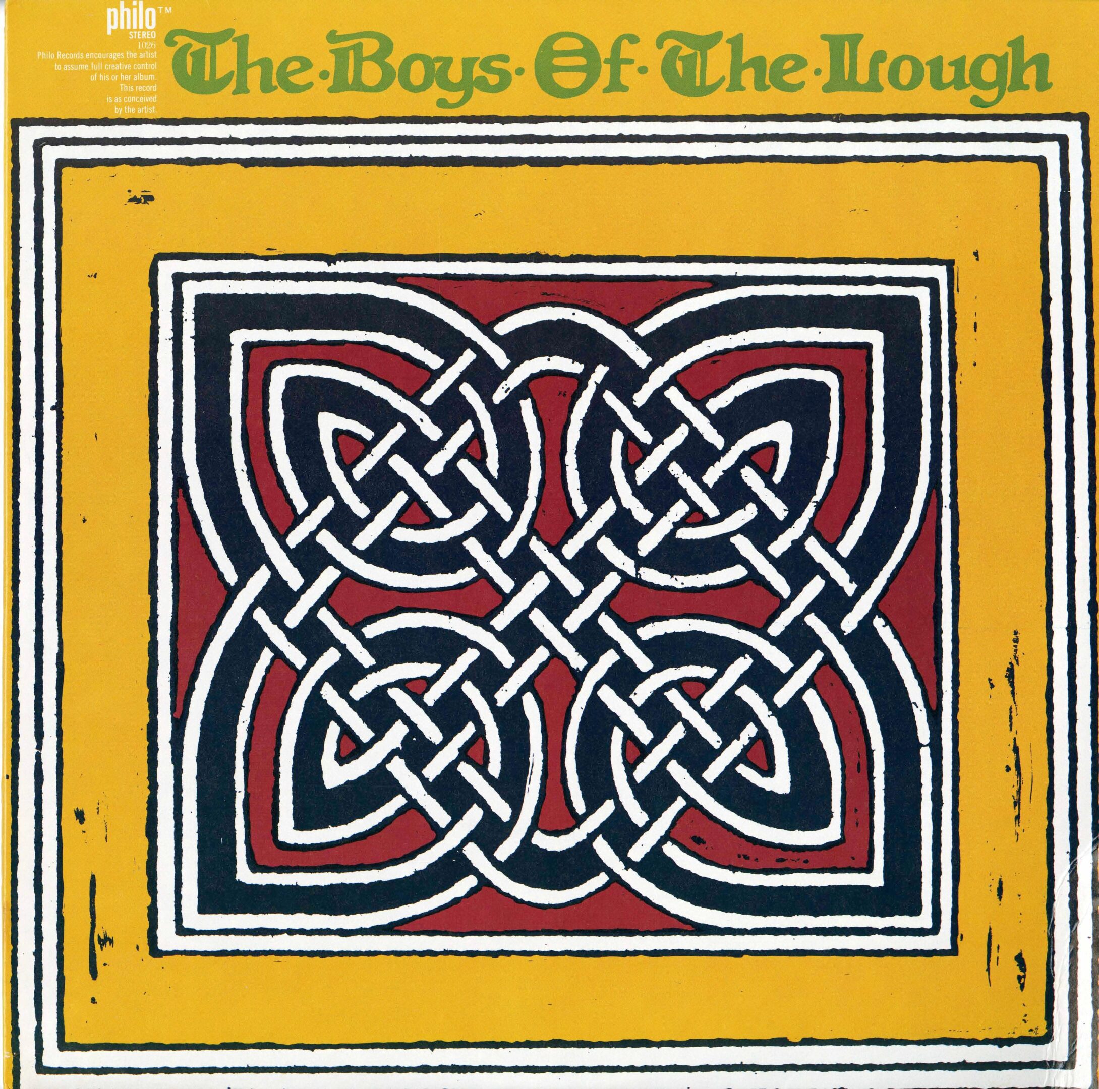 Celtic knot design with yellow border.