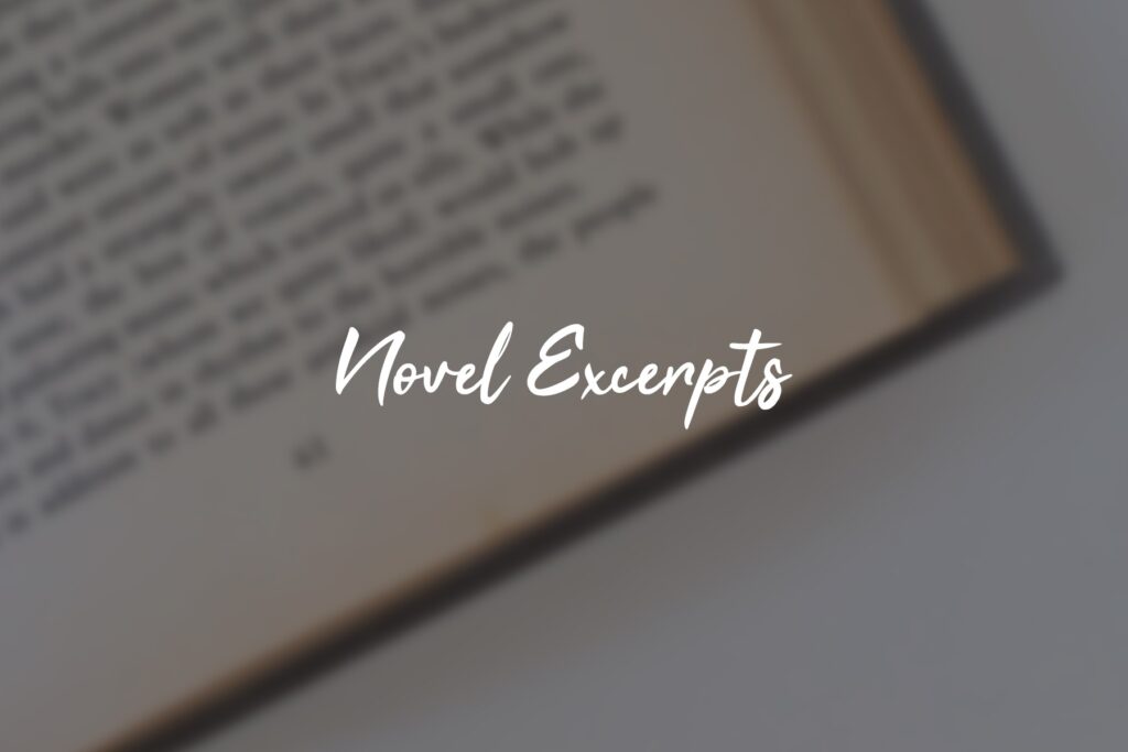 Open book page with "Novel Excerpts" text.