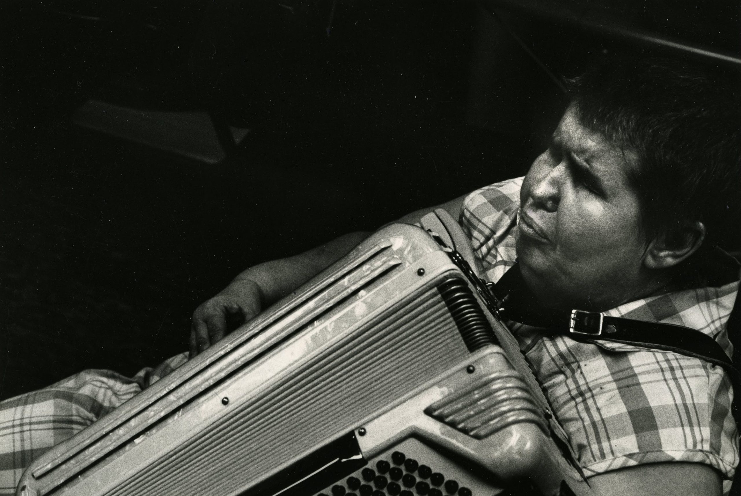 Person playing accordion, wearing plaid shirt.