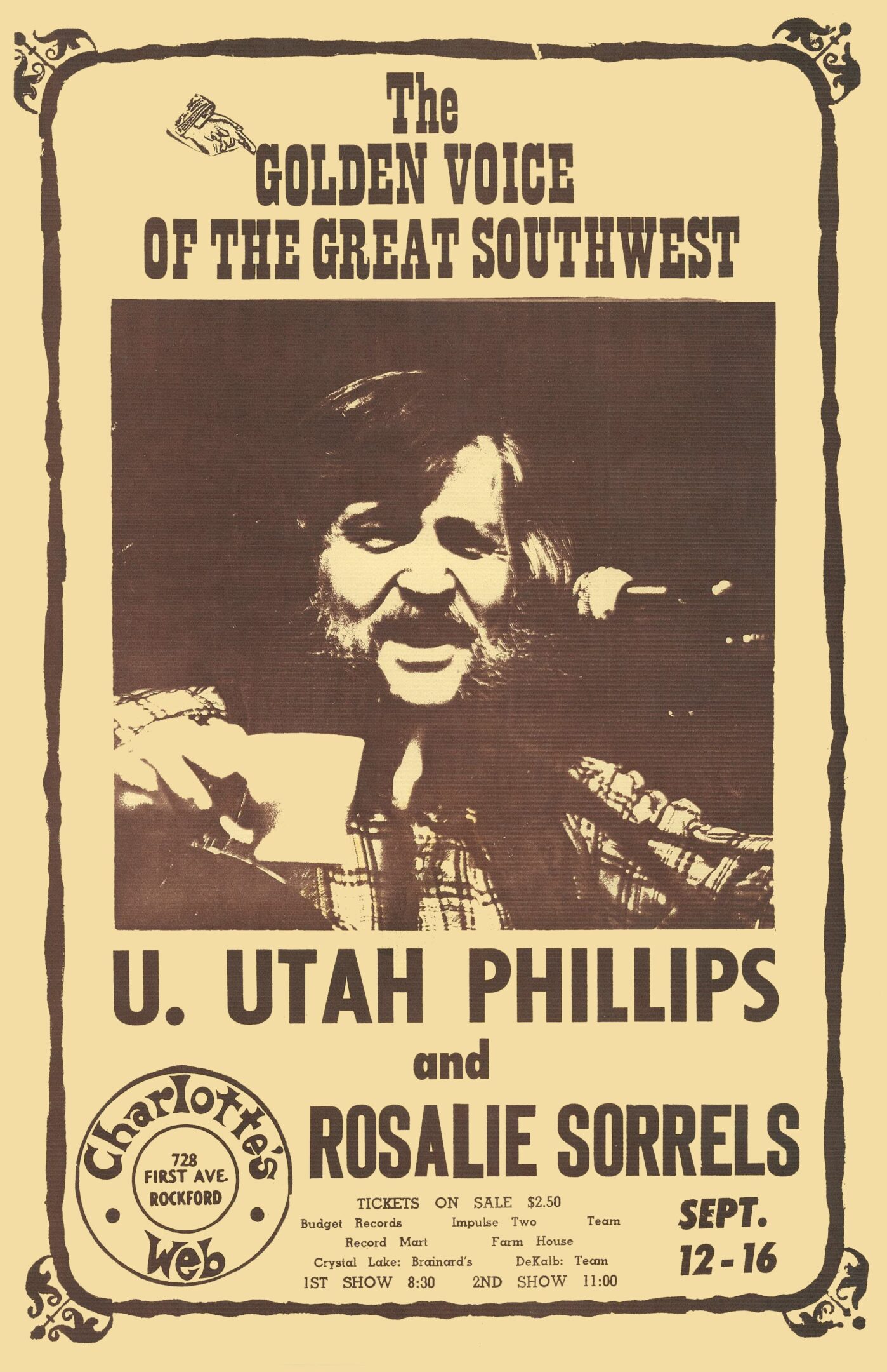Vintage concert poster featuring U. Utah Phillips.