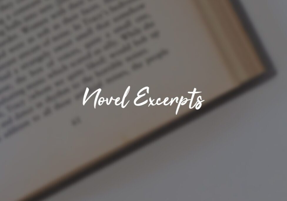 Open book page with "Novel Excerpts" text.